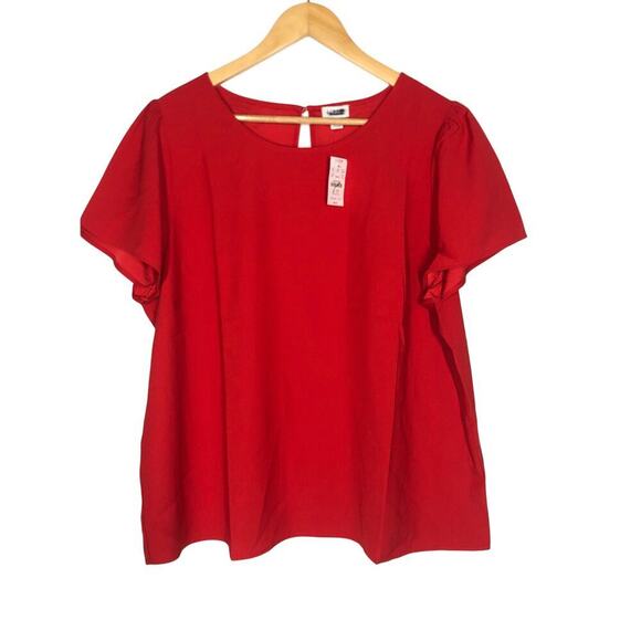 J. Crew Factory Top Short Puff Sleeve Keyhole Back Crepe Candy Apple Red NWT 2X - Picture 2 of 8